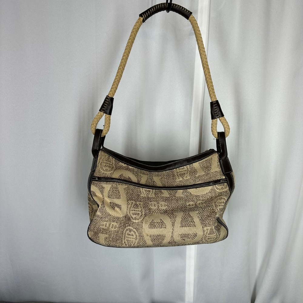 Etienne Aigner Beige Brown Logo Jacquard Hobo Shoulder Bag Rope Strap READ